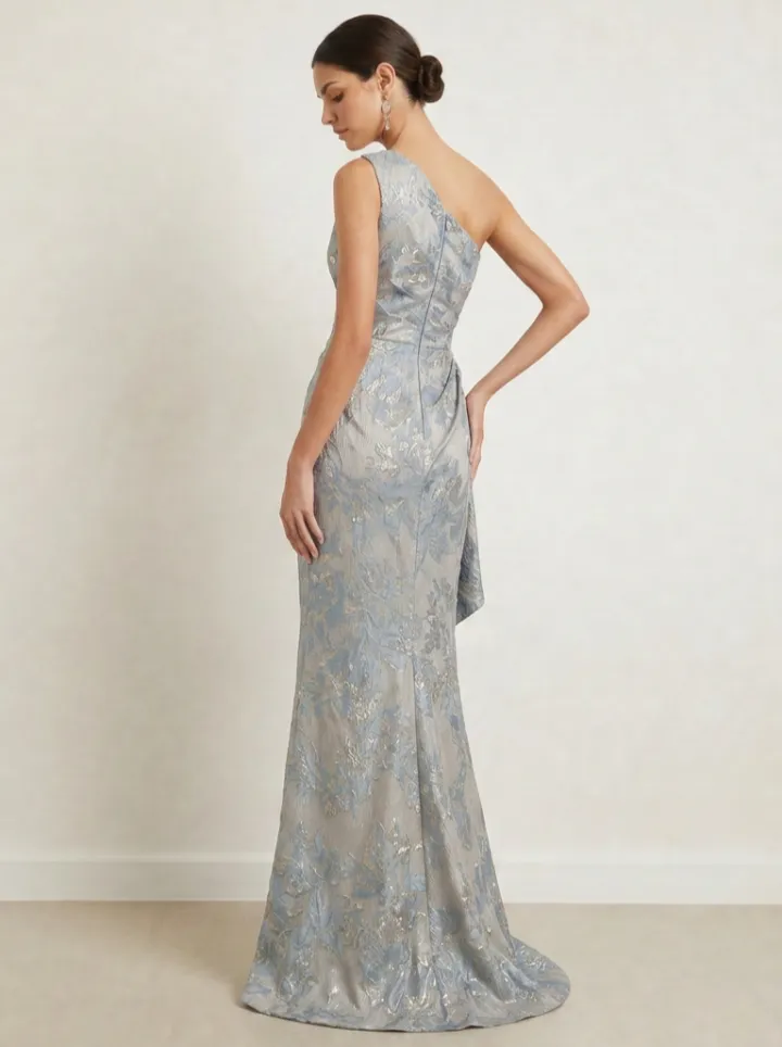 One-Shoulder Floral Jacquard Gown with Pearl Waist Detailing Evening Dresses