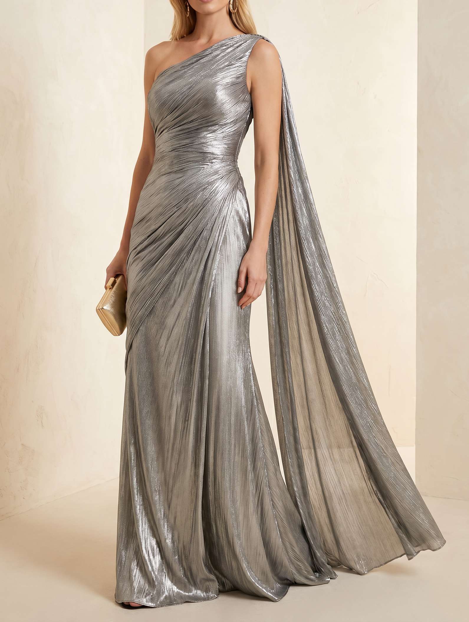 One Shoulder Metallic Silver Ruched Mermaid Evening Gown with Flowing Cape Sash