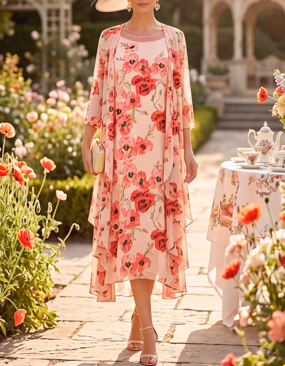 Chiffon Floral Print Round Neck Sleeveless A-Line Midi Dress + Jacket 2 Piece Set