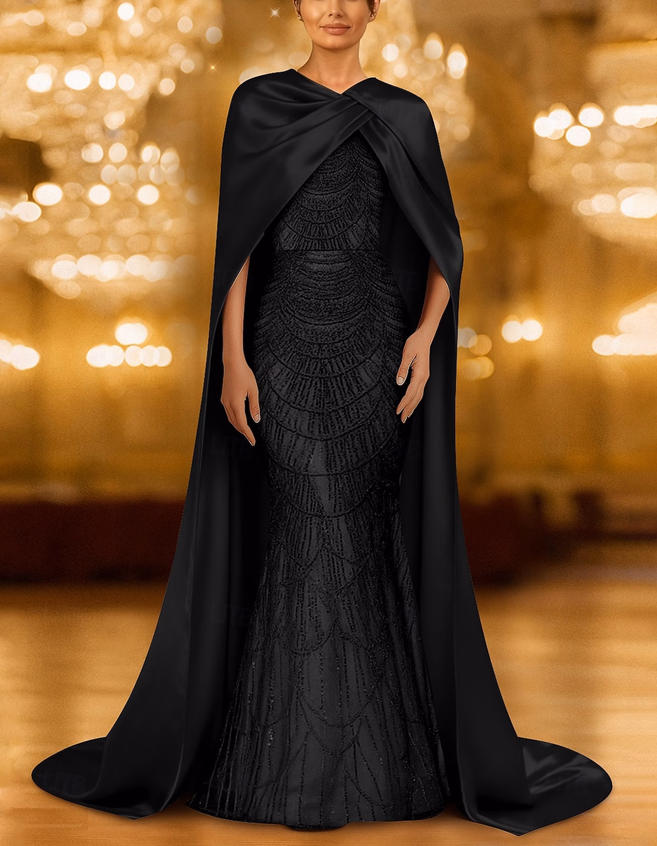 Champagne Gold Twist Cape Beaded Mermaid Maxi Dress