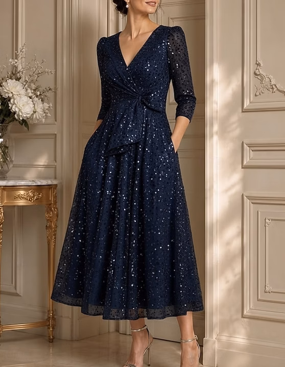 V Neck Sequin Tulle 3/4 Sleeve A-Line Midi Evening Dress