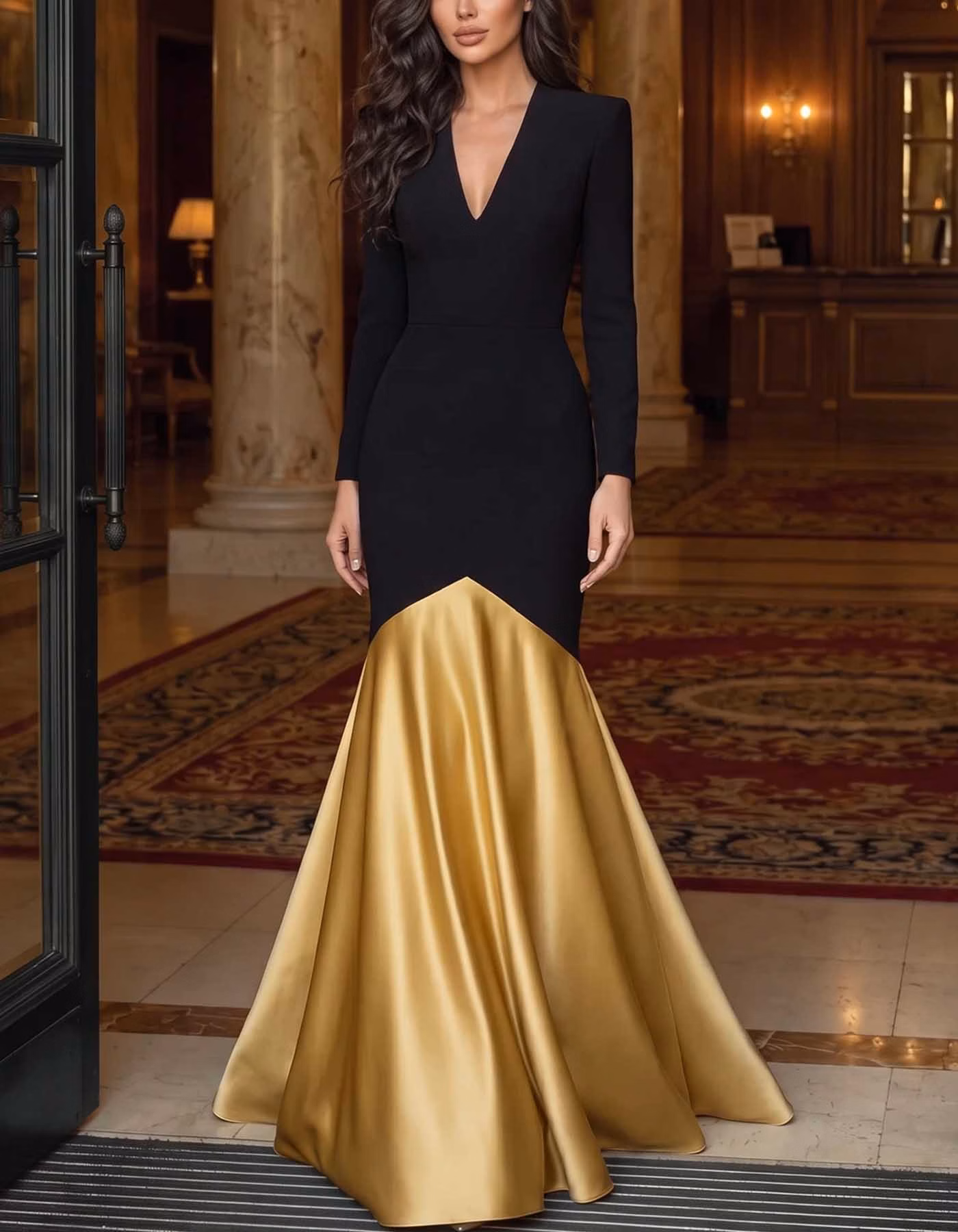 Black and Gold Color Block V-Neck Long Sleeve Satin Maxi Dress