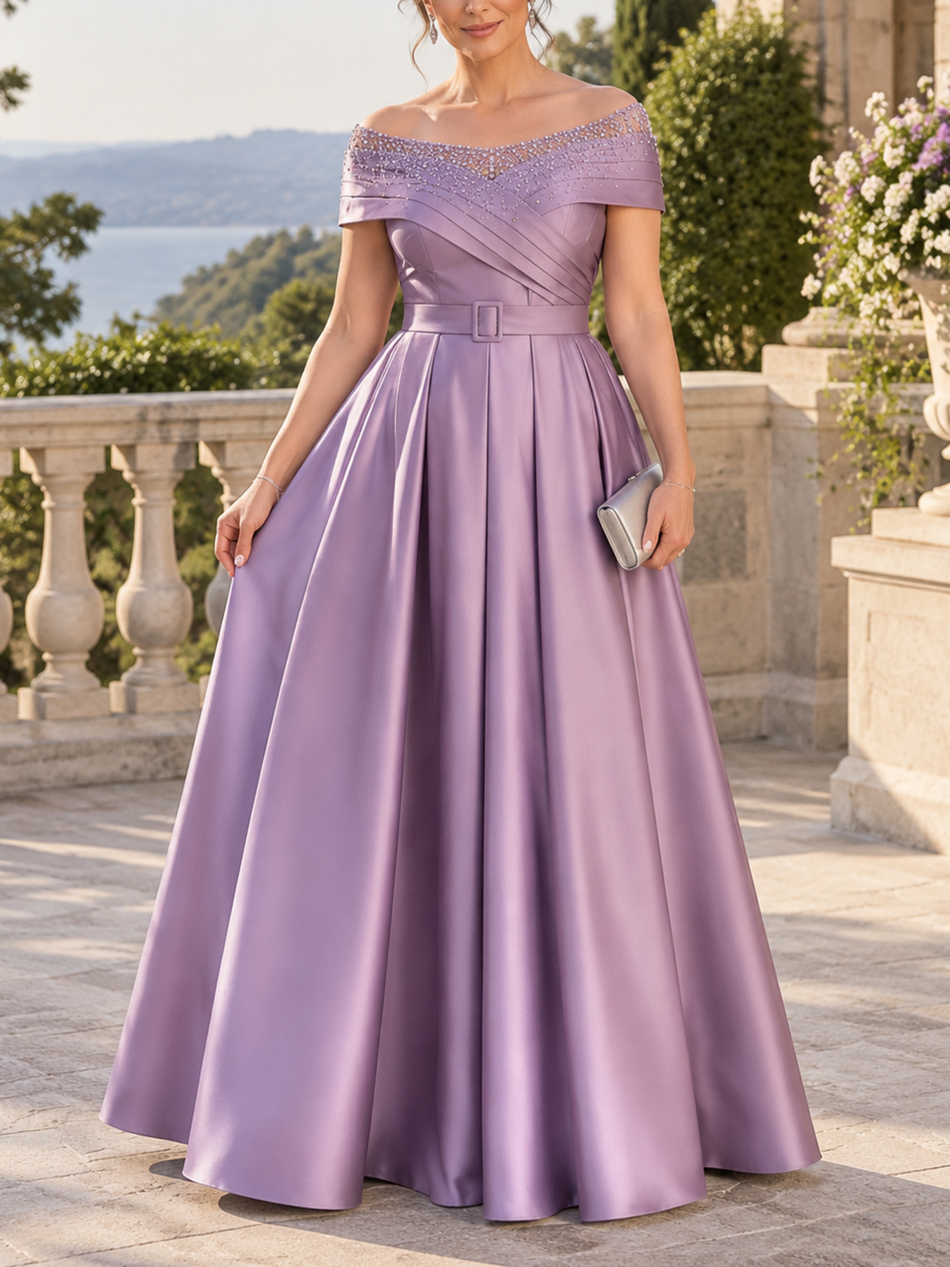Dusty Lavender Off The Shoulder Satin A-Line Formal Evening Gown