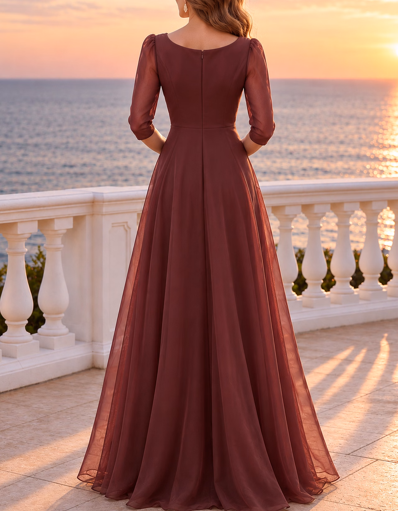 V Neck 3/4 Sleeve Chiffon A-Line Maxi Dress