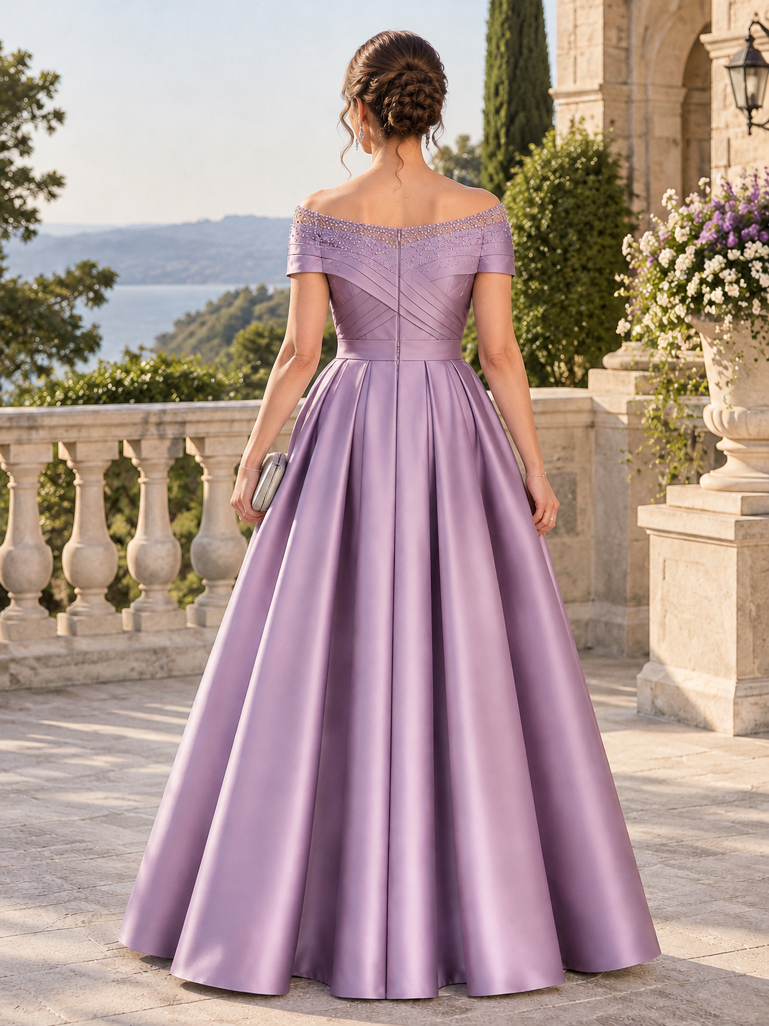 Dusty Lavender Off The Shoulder Satin A-Line Formal Evening Gown