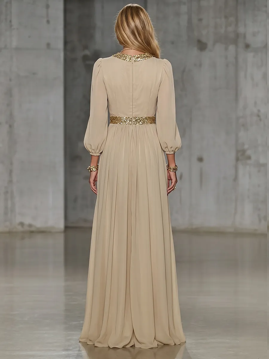 Elegant Beige Chiffon V-neck With Sequins Embellishments And A Side Slit Maxi Dress