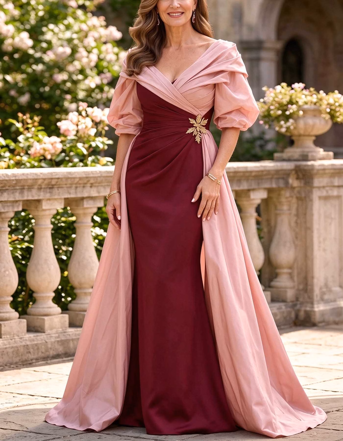 Pink Color Block V-Neck Satin Puff Sleeve Maxi Dress