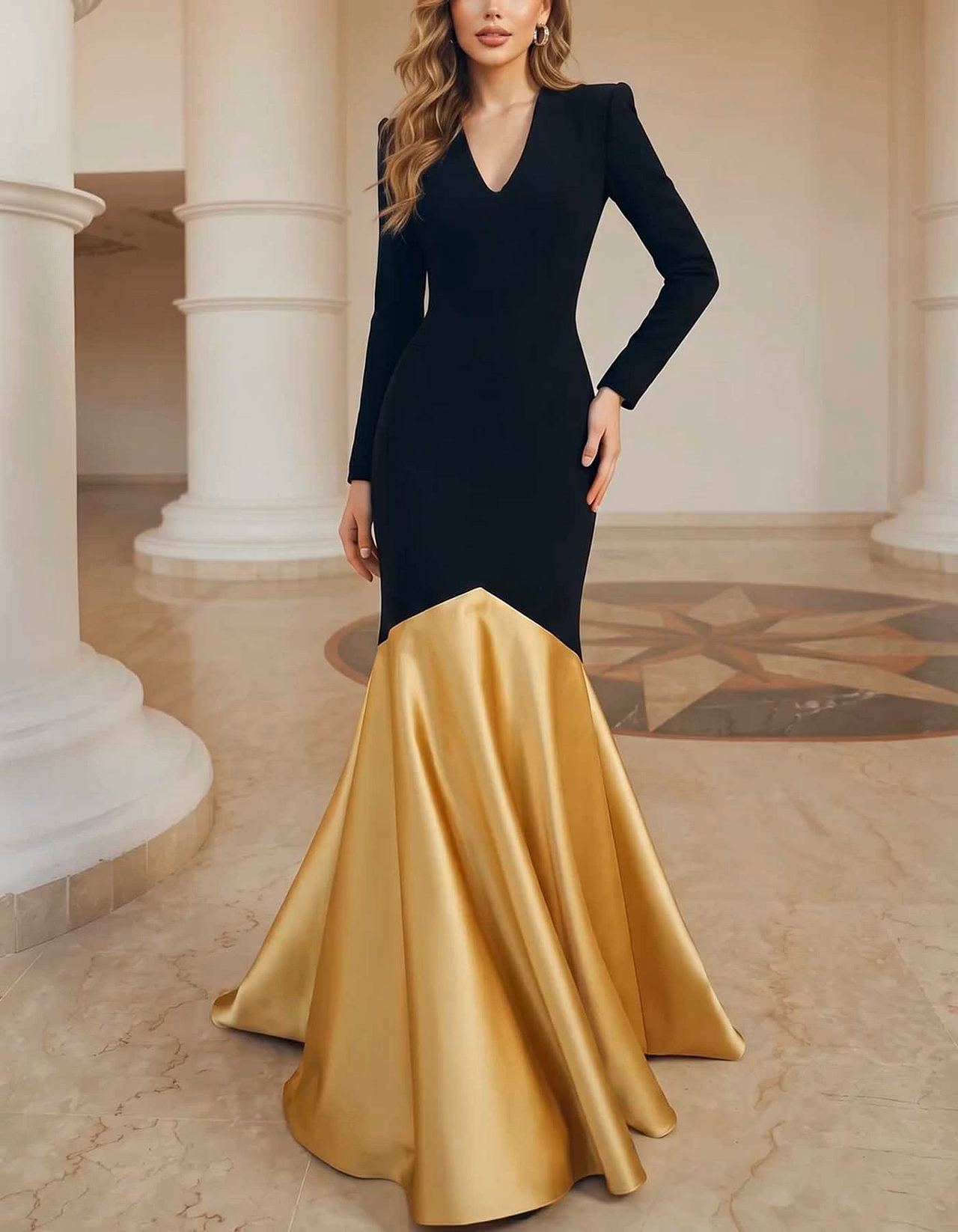 Black and Gold Color Block V-Neck Long Sleeve Satin Maxi Dress