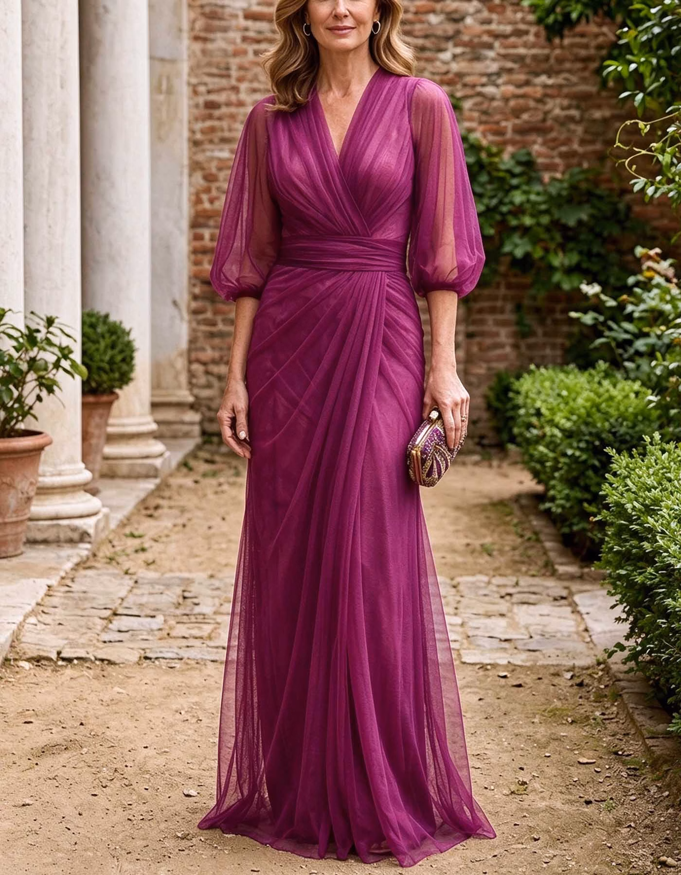 Tulle V-Neck Puff 3/4 Sleeve Ruched A-Line Maxi Dress