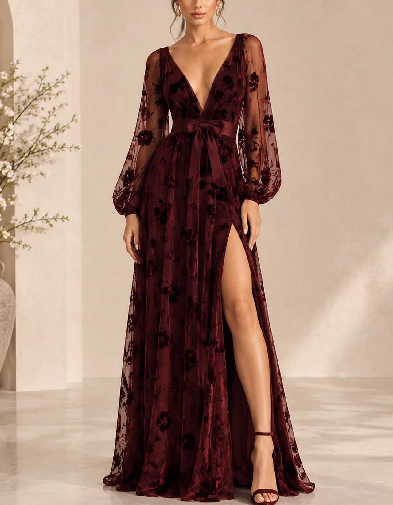 Burgundy Floral Tulle V-Neck Puff Sleeve Slit Maxi Dress