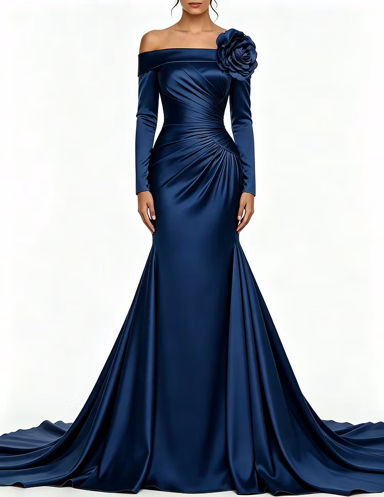 Off The Shoulder Satin Long Sleeve 3D Floral Formal Maxi Dress