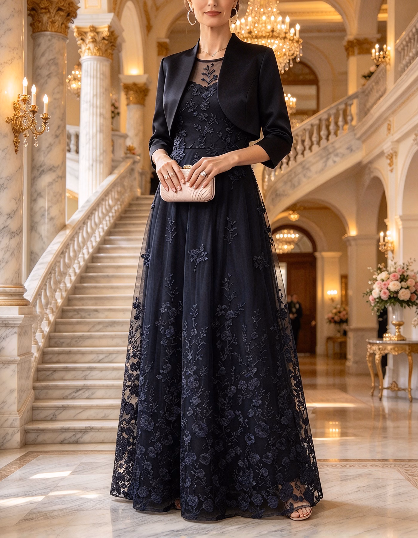 Navy Illusion Round Neck Sleeveless Floral Lace Tulle Maxi Dress