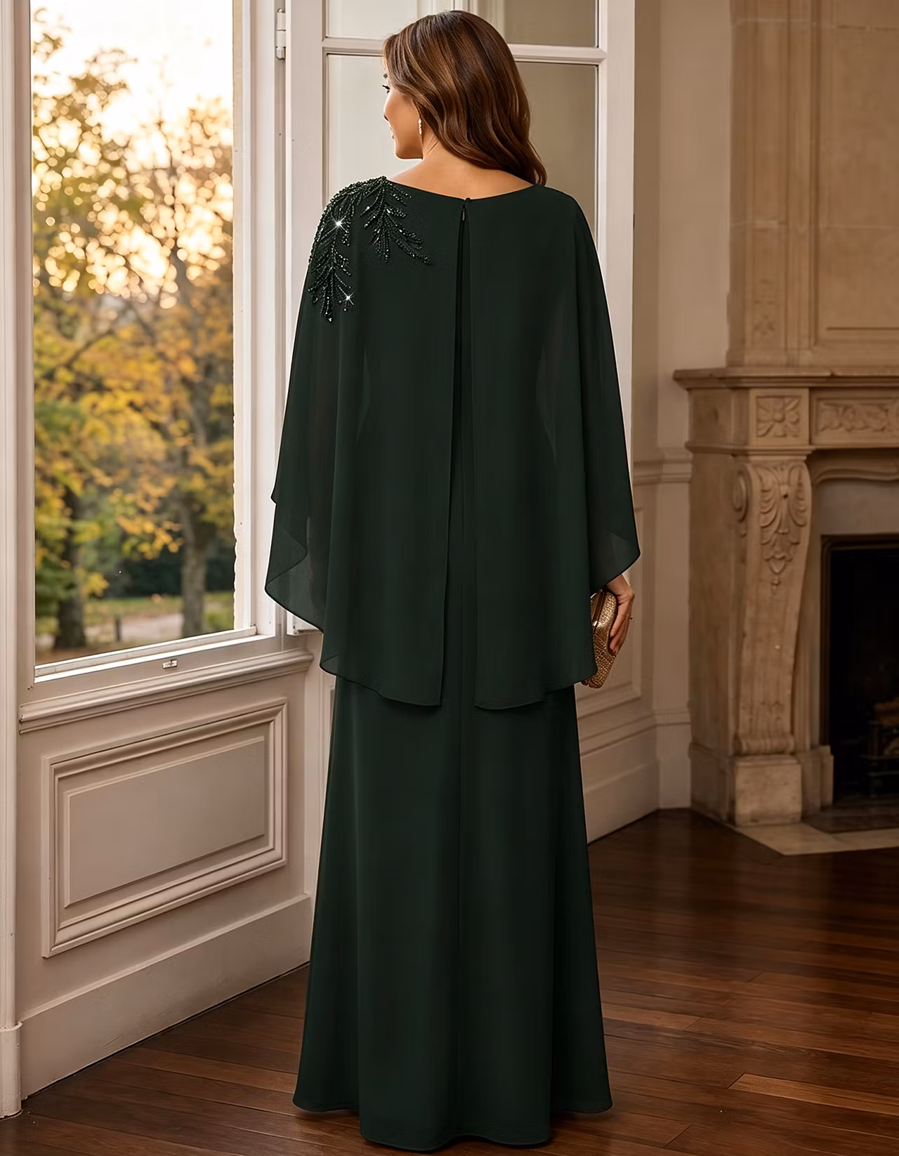 Chiffon Round Neck Cape Overlay Sleeve Maxi Dress