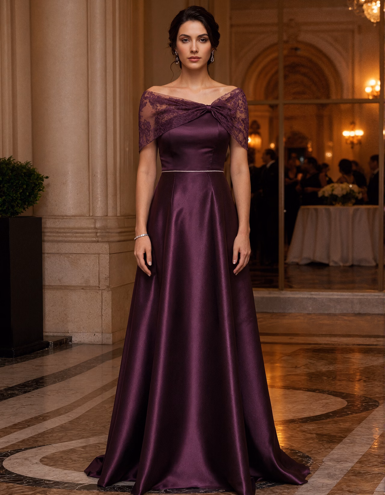 Purple Off The Shoulder Satin With Lace Paneling Maxi Dress