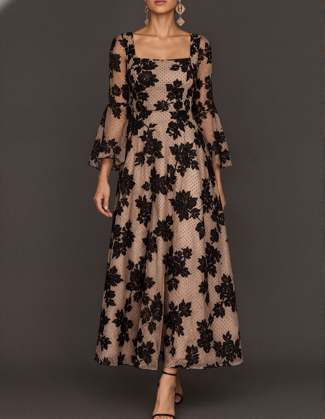 Black Flocked Floral Lace Midi Dress