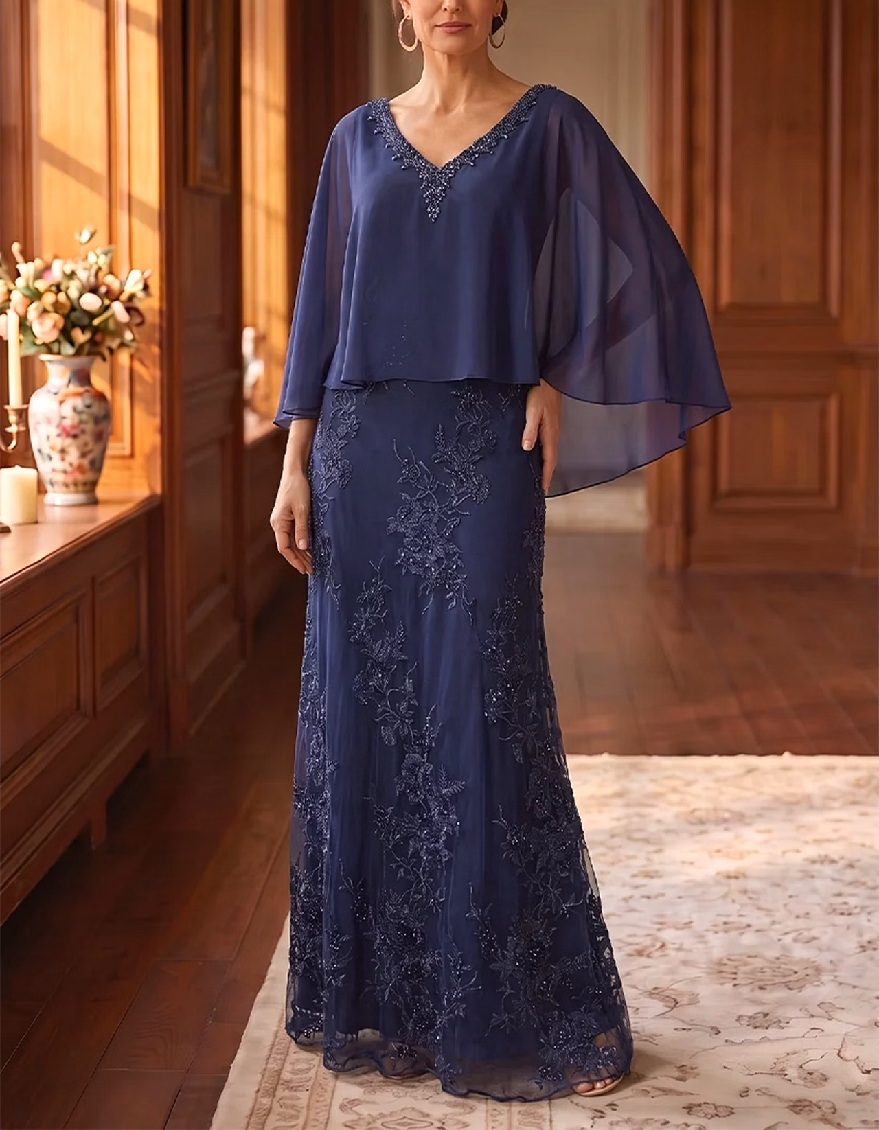 Navy Beaded V-Neck Chiffon Capelet Sleeve Lace Maxi Dress