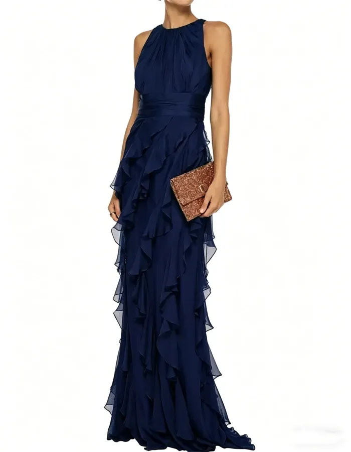 Green Elegant Ruffled Maxi Dress