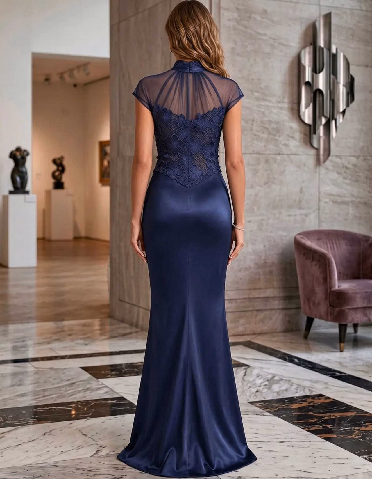Navy Blue High Neck 3D Floral Lace Satin Maxi Dress