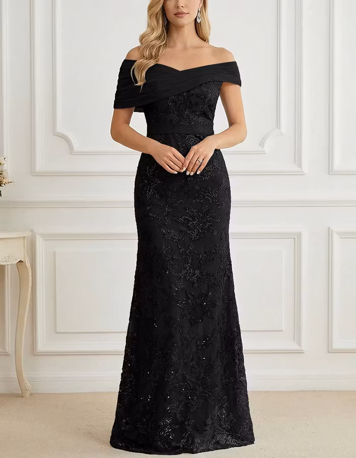 Off-the-Shoulder Chiffon & Sequin Mesh Maxi Dress