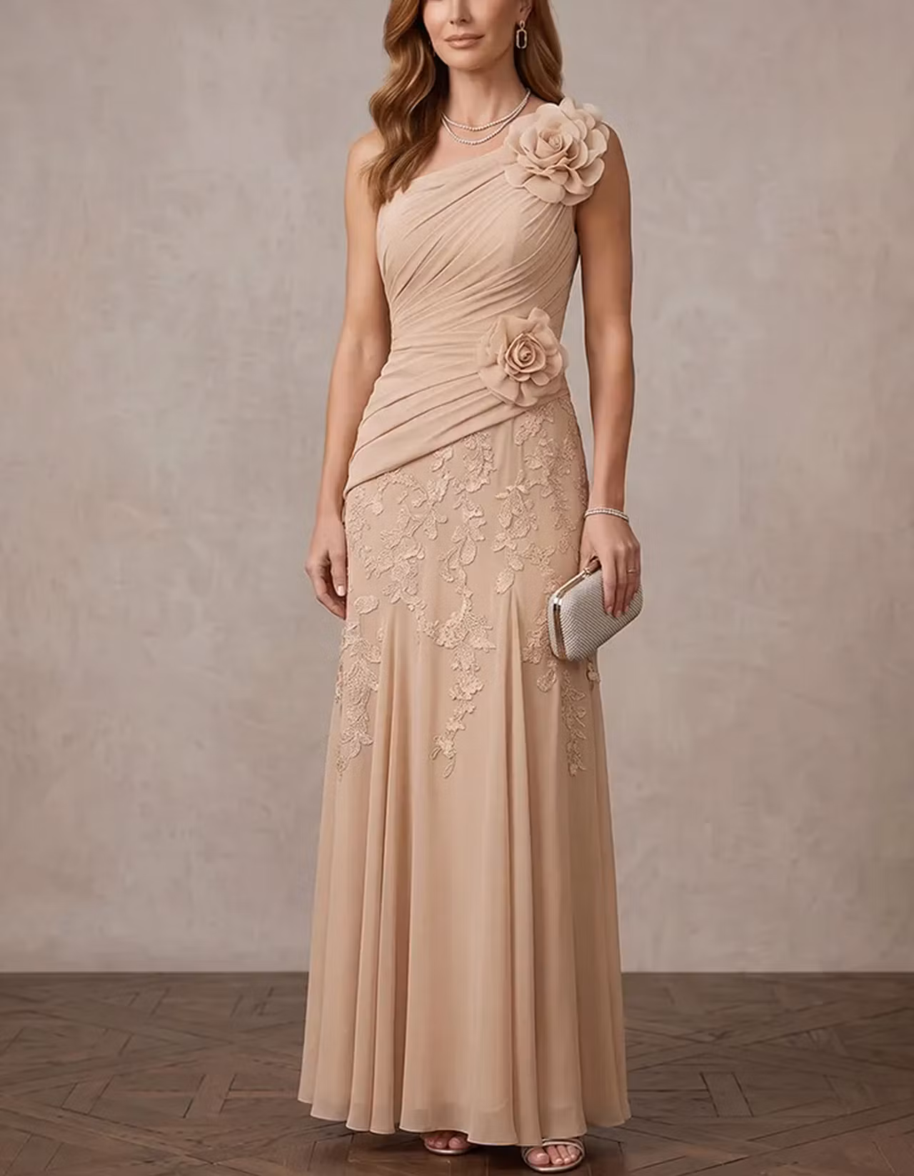 Chiffon One Shoulder Diagonal Ruched Bodice 3D Rose Maxi Dress