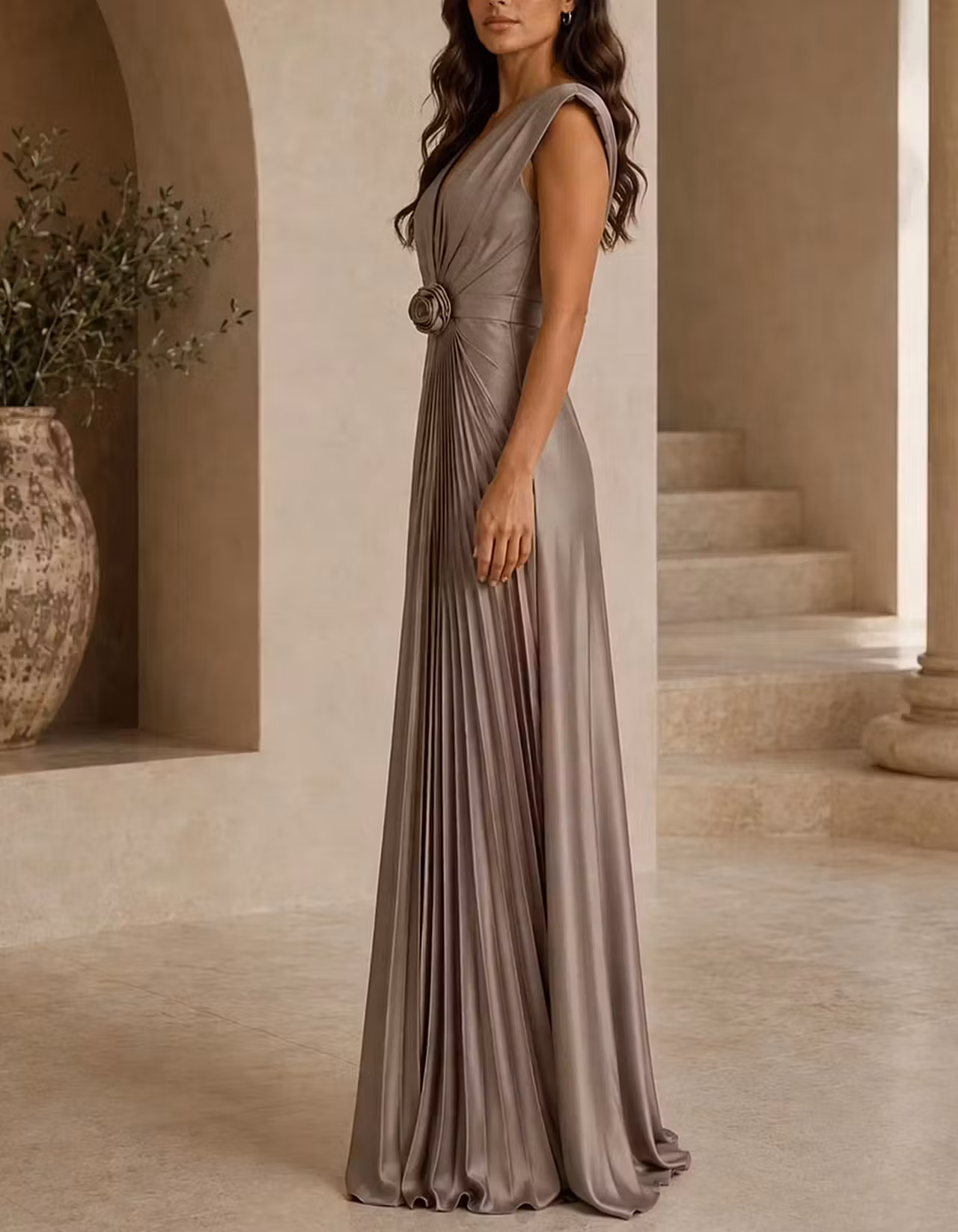 Taupe Pleated Satin Deep V Neck 3D Rose Maxi Dress