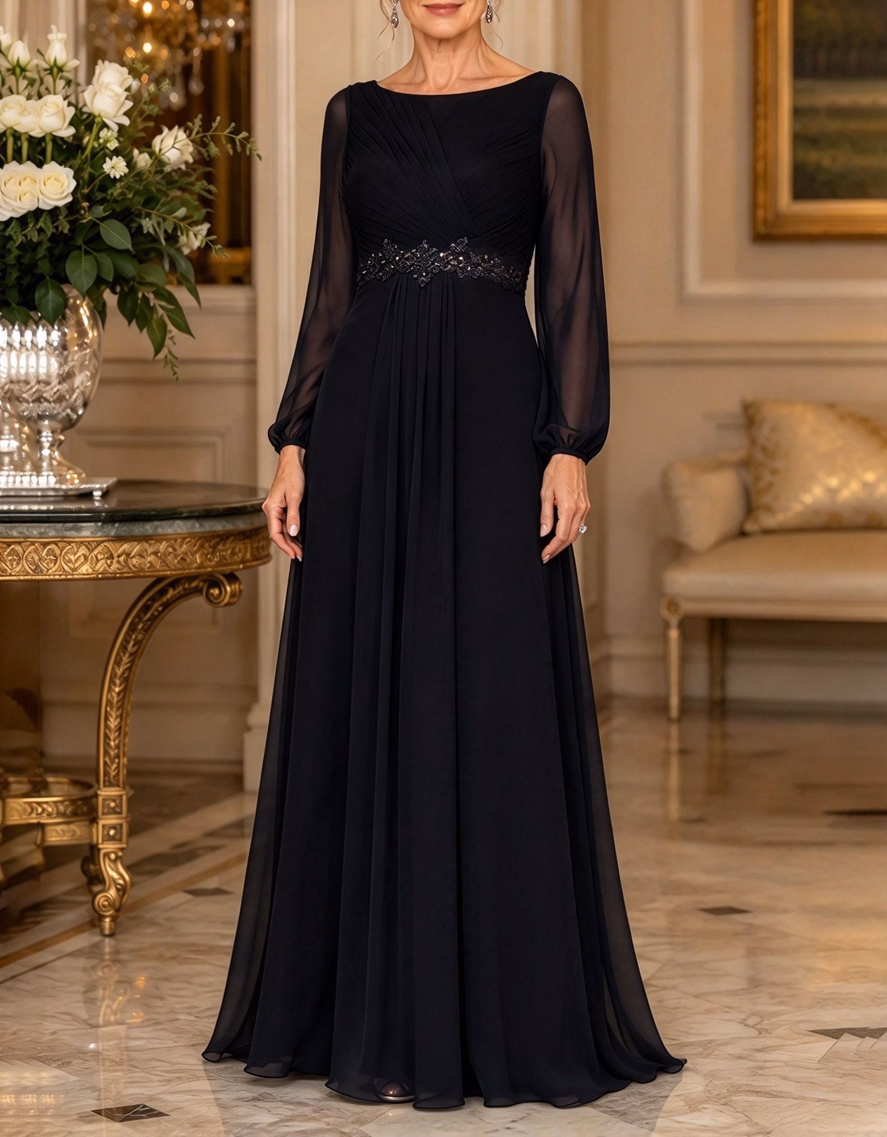 Round Neck Long Sleeve Lace Waist Chiffon A-Line Maxi Dress