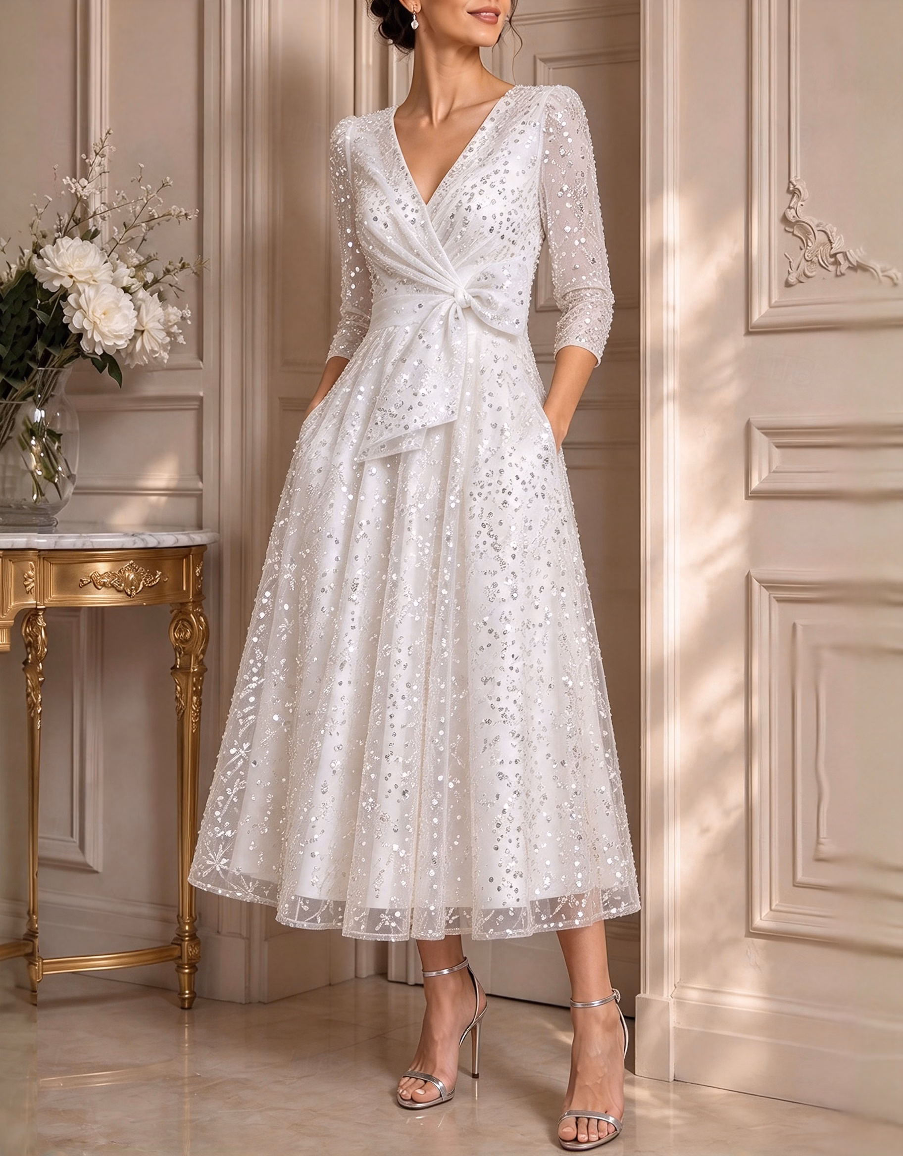 V Neck Sequin Tulle 3/4 Sleeve A-Line Midi Evening Dress