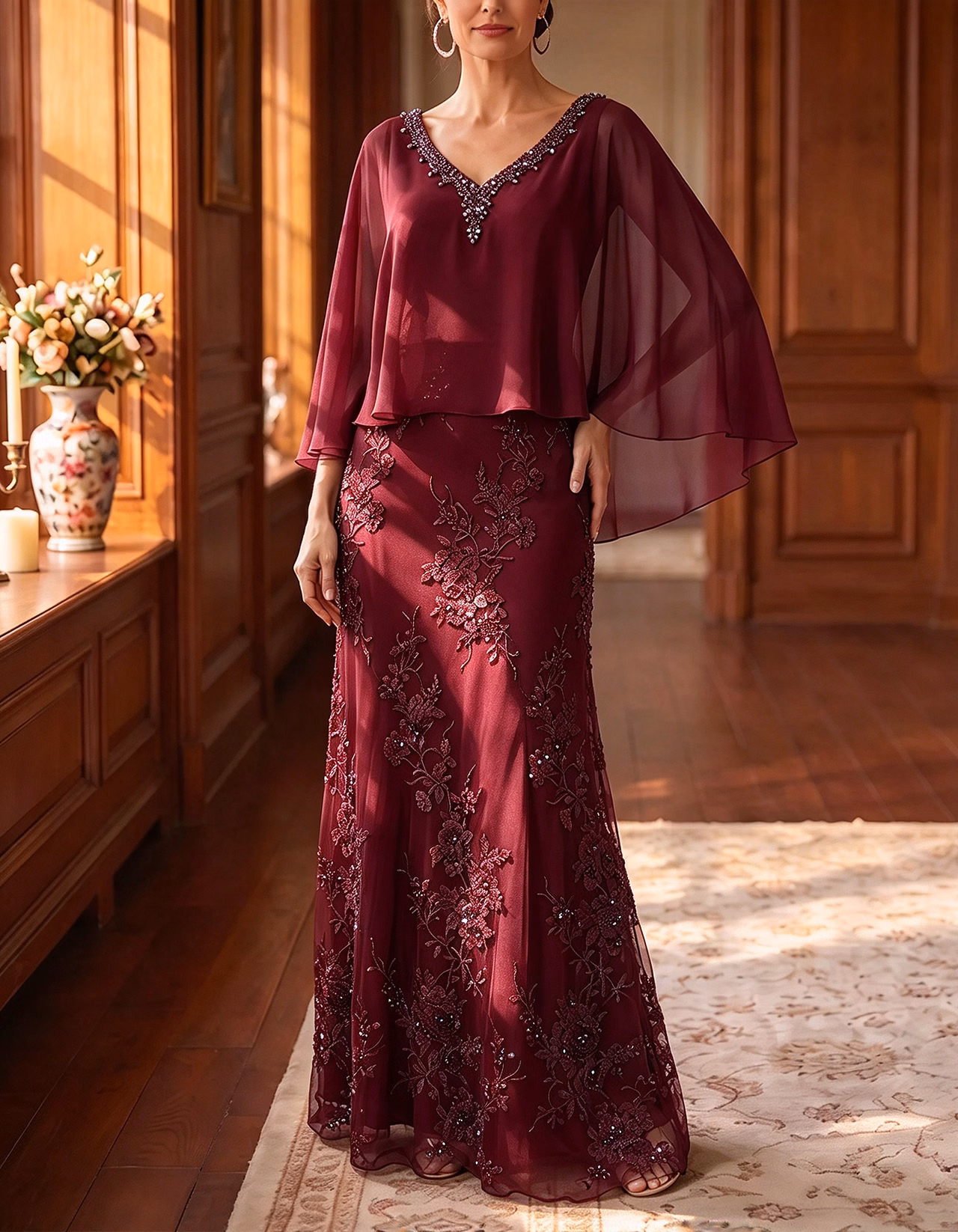 Navy Beaded V-Neck Chiffon Capelet Sleeve Lace Maxi Dress