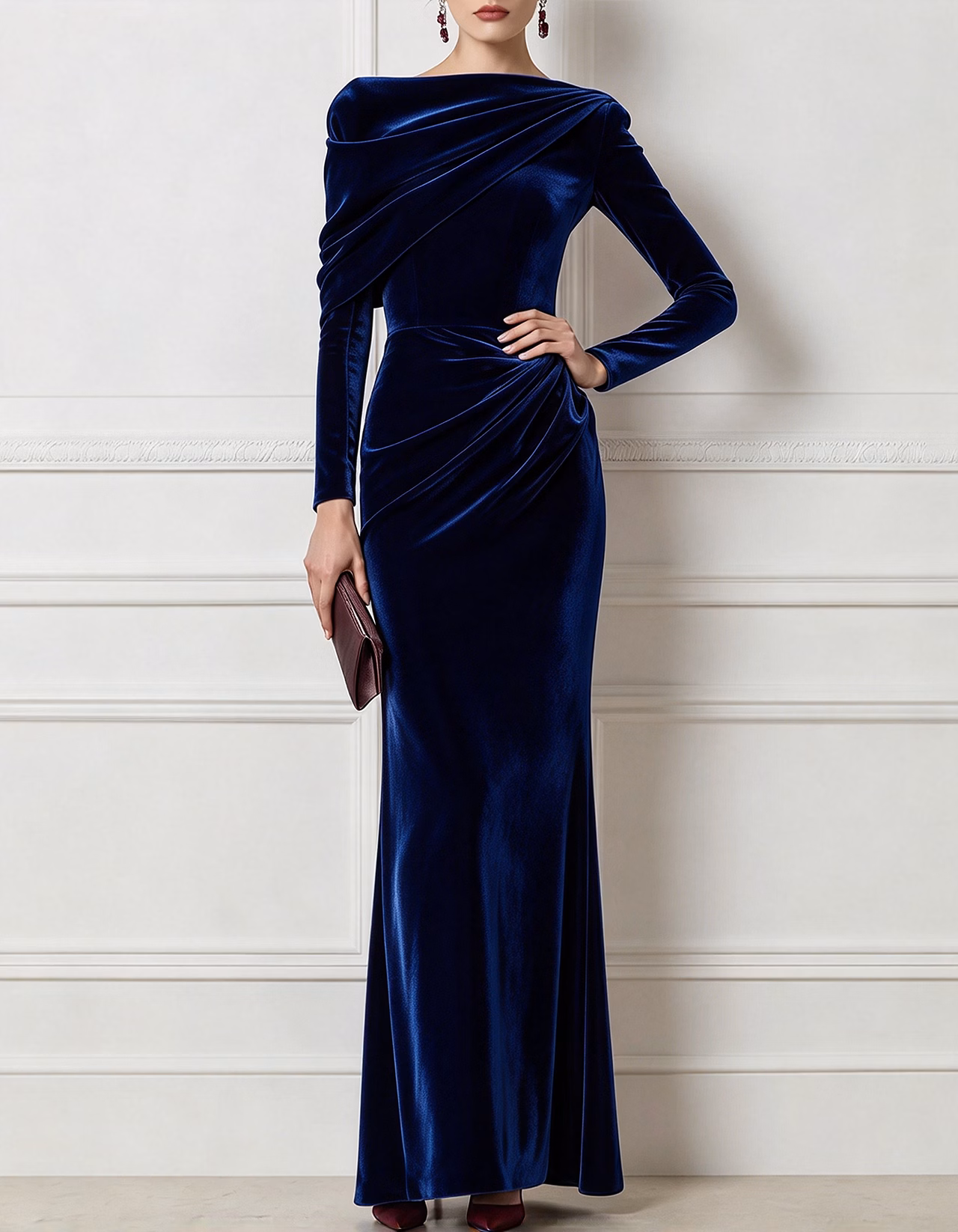 Burgundy Draped Asymmetric Velvet Maxi Dress