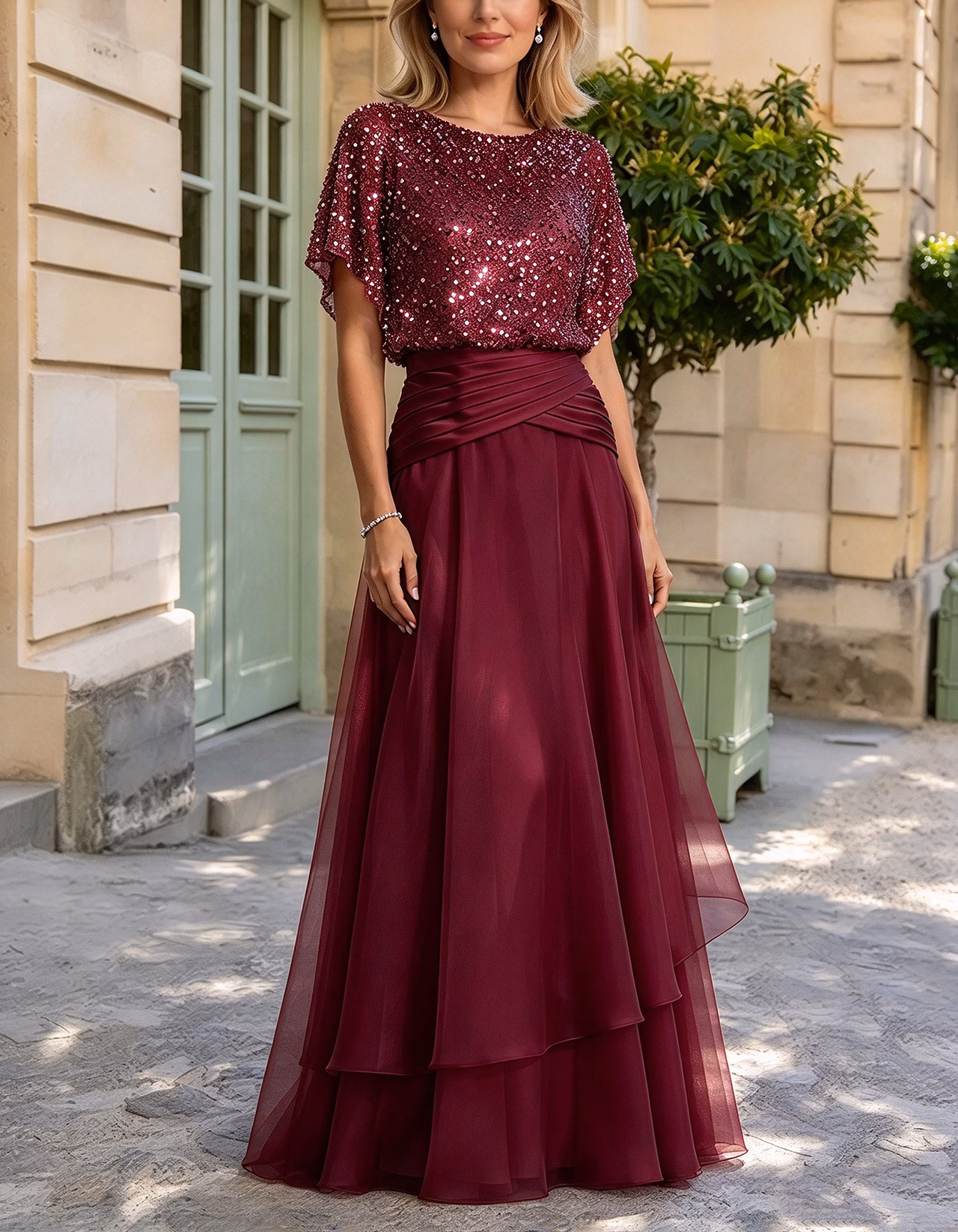 Champagne Short-Sleeve Beaded Tulle & Chiffon Maxi Dress
