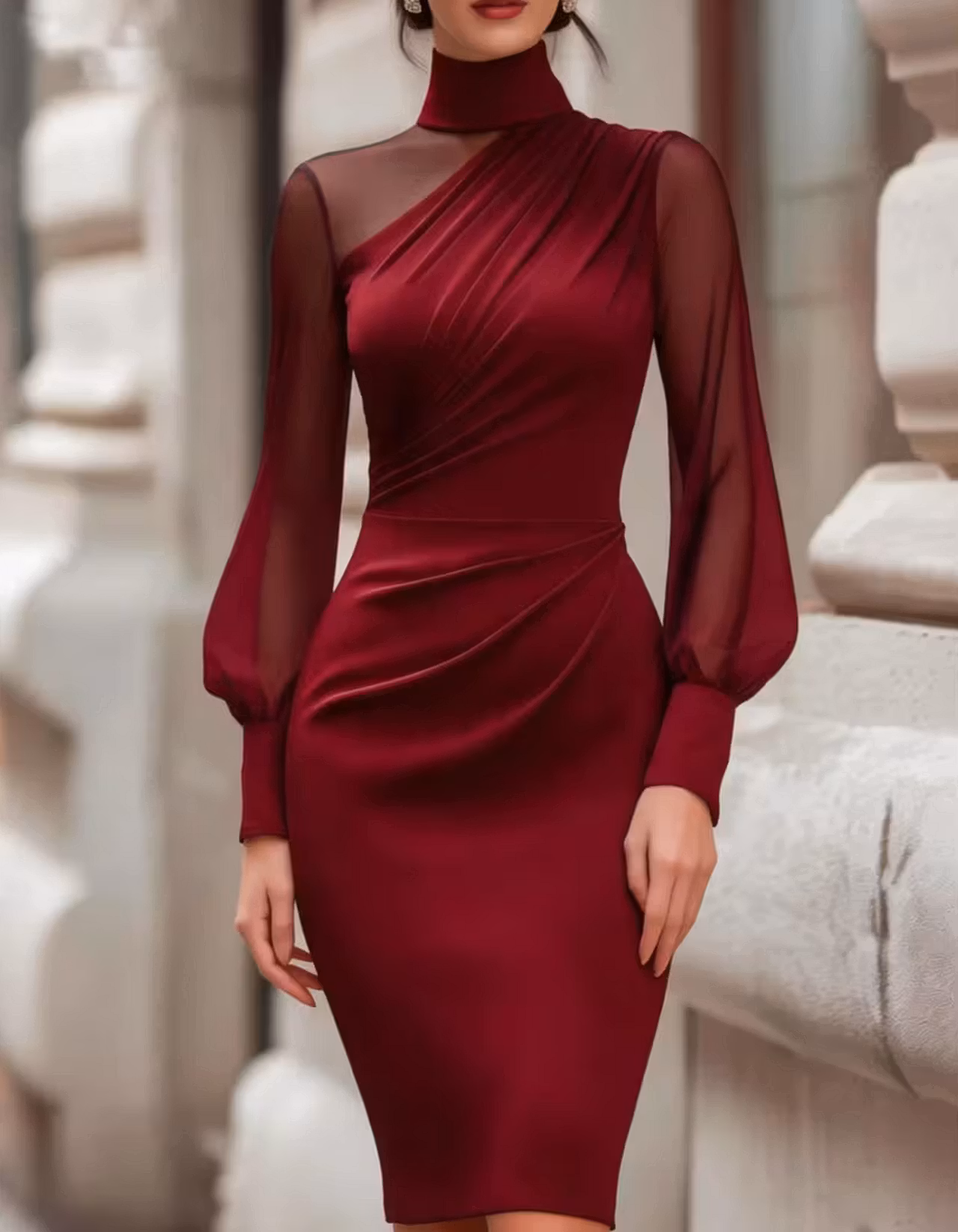 High Mock Neck Sheer Mesh Sleeve Ruched Midi Dress