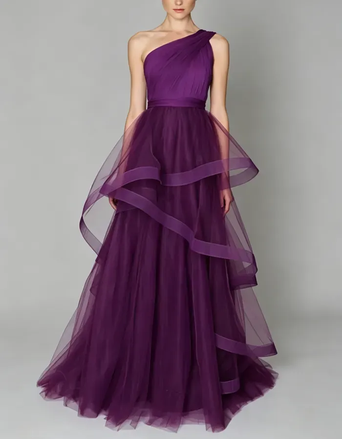 One‑Shoulder Ruched Tulle Gown Maxi Dress