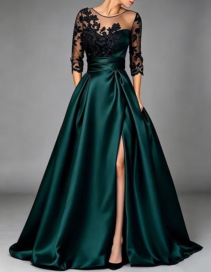 Navy Blue Illusion Neck 3/4 Lace Sleeve Satin A‑Line Maxi Dress