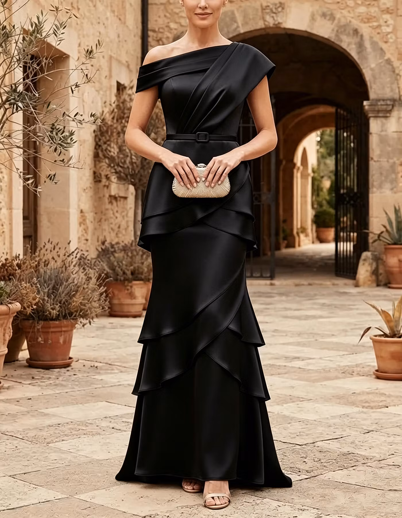 Champagne Asymmetric Off-the-Shoulder Satin Mermaid Maxi Dress