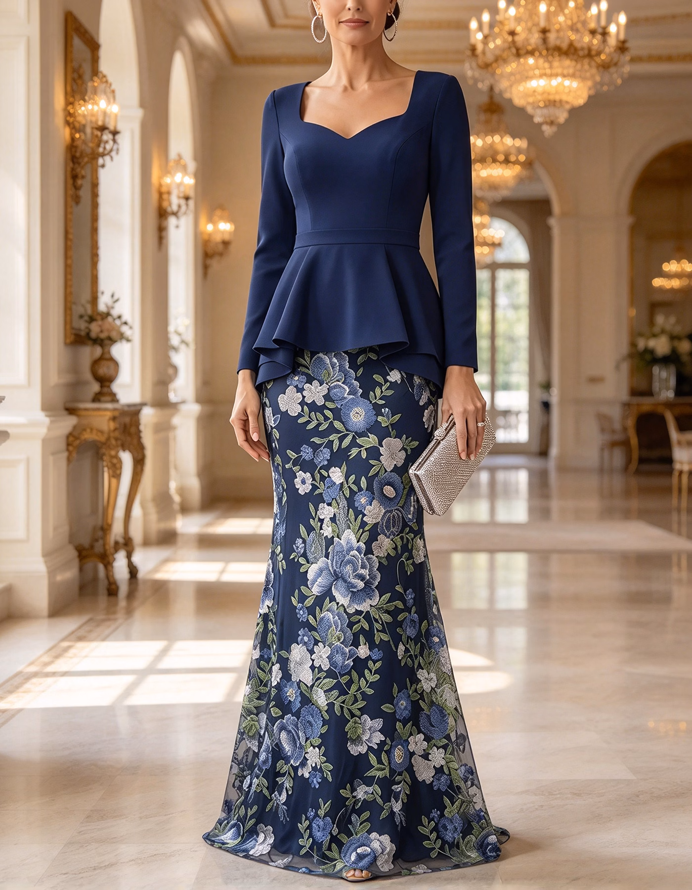 Navy Peplum Floral Embroidery Tulle Mermaid Maxi Dress