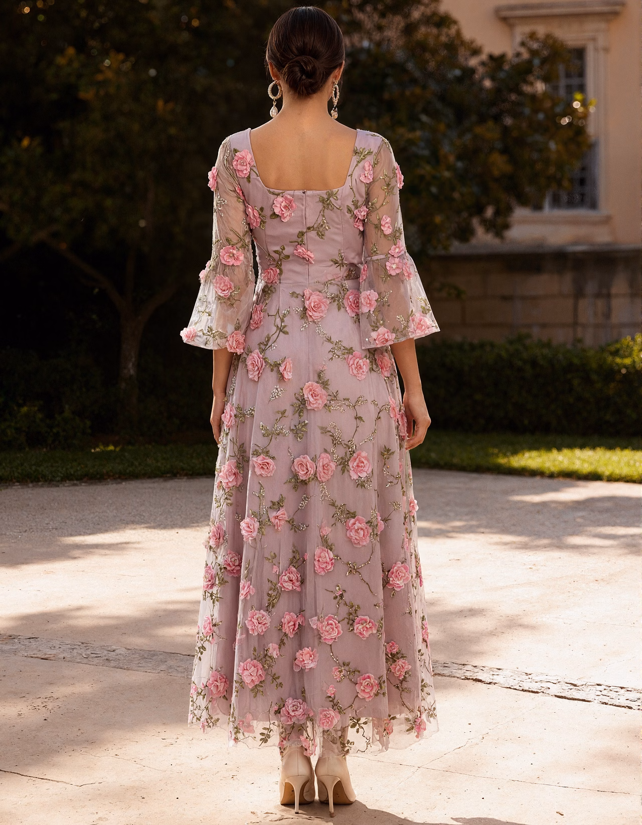 Pink Sheer Fabric With 3d Flowers Midi Dress
