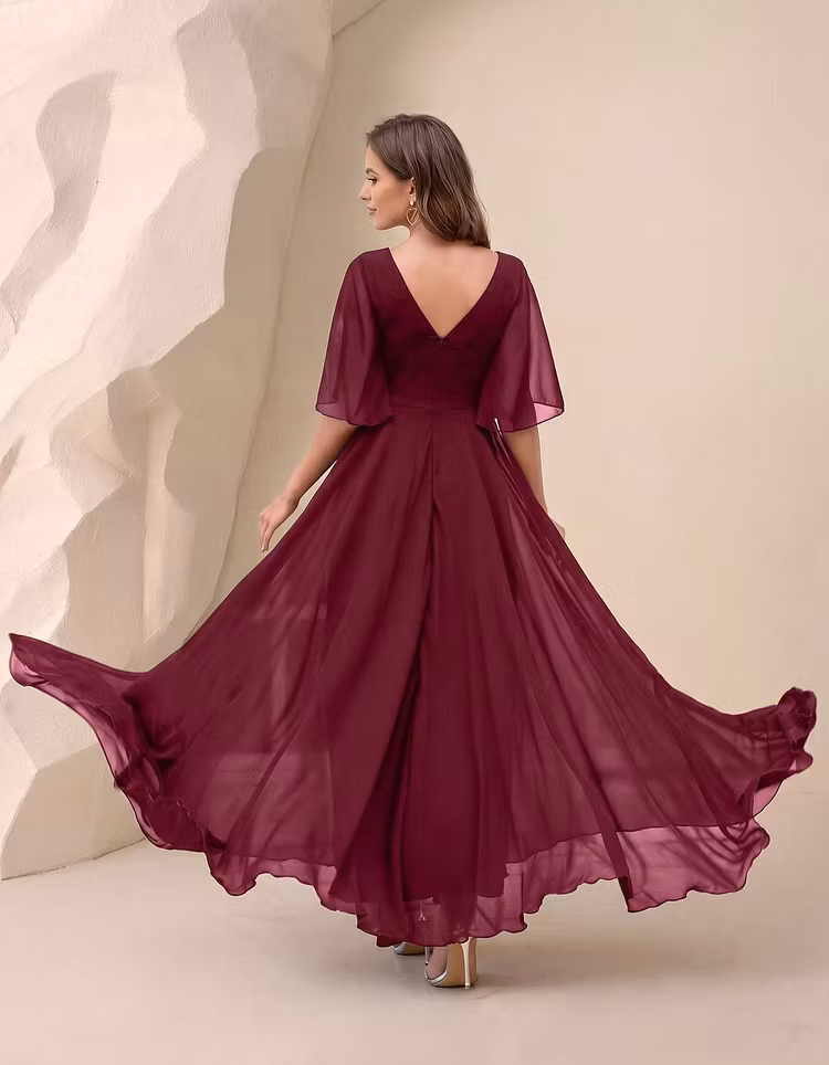 V-Neck Floral Lace Embroidered Chiffon A-Line Maxi Dress