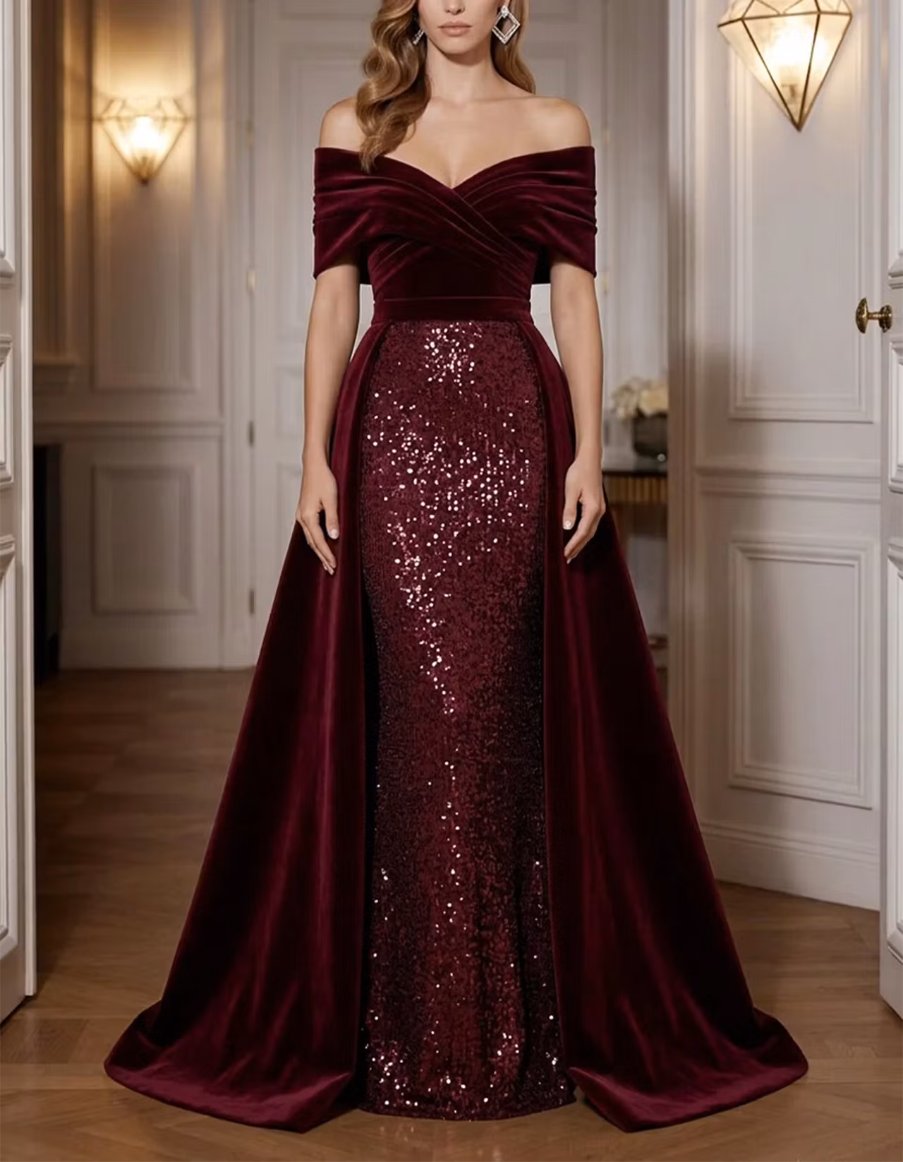 Burgundy Off-the-Shoulder Velvet & Sequin Mermaid Maxi Dress