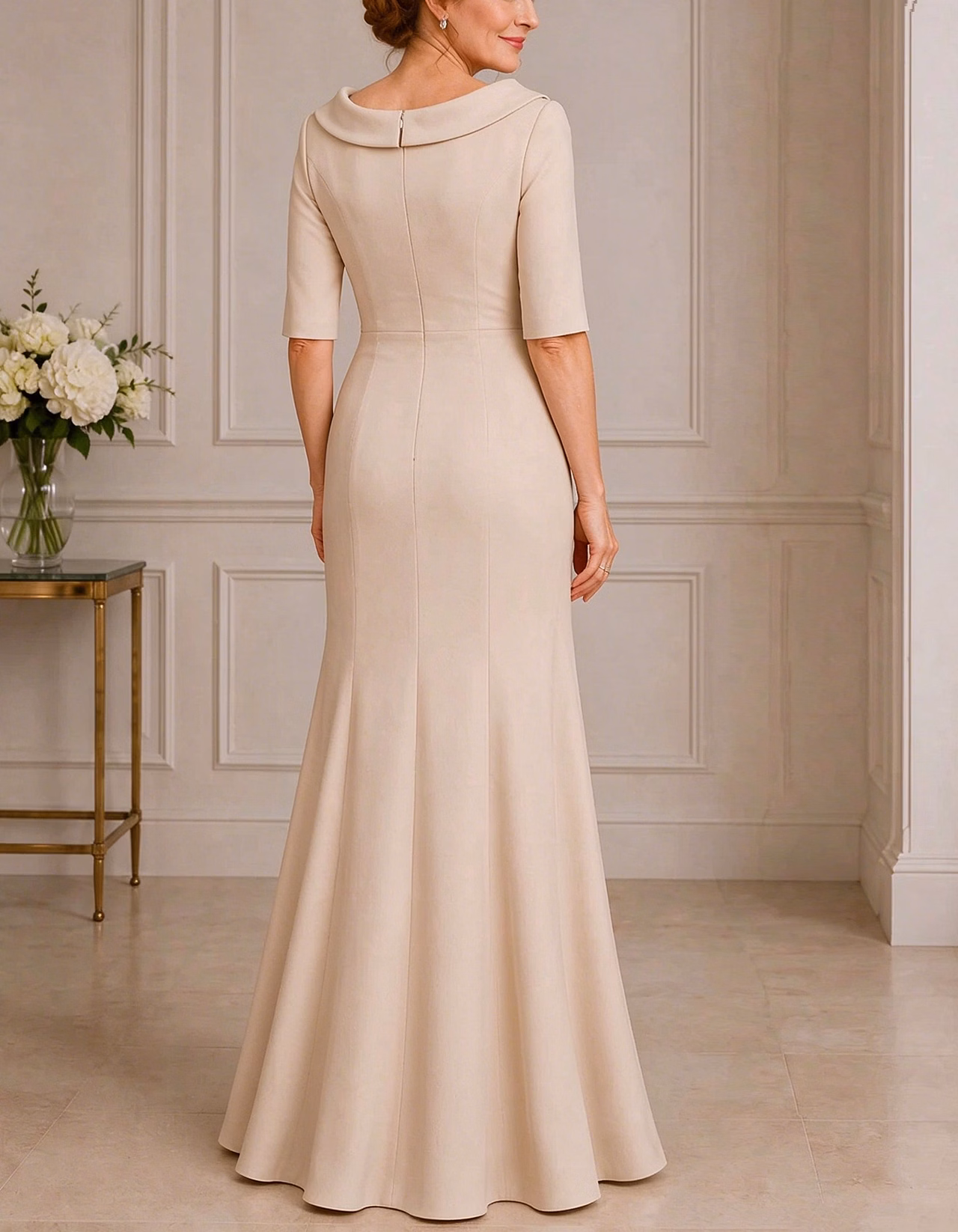 Draped Cowl Neck Elbow Sleeve Maxi Dress