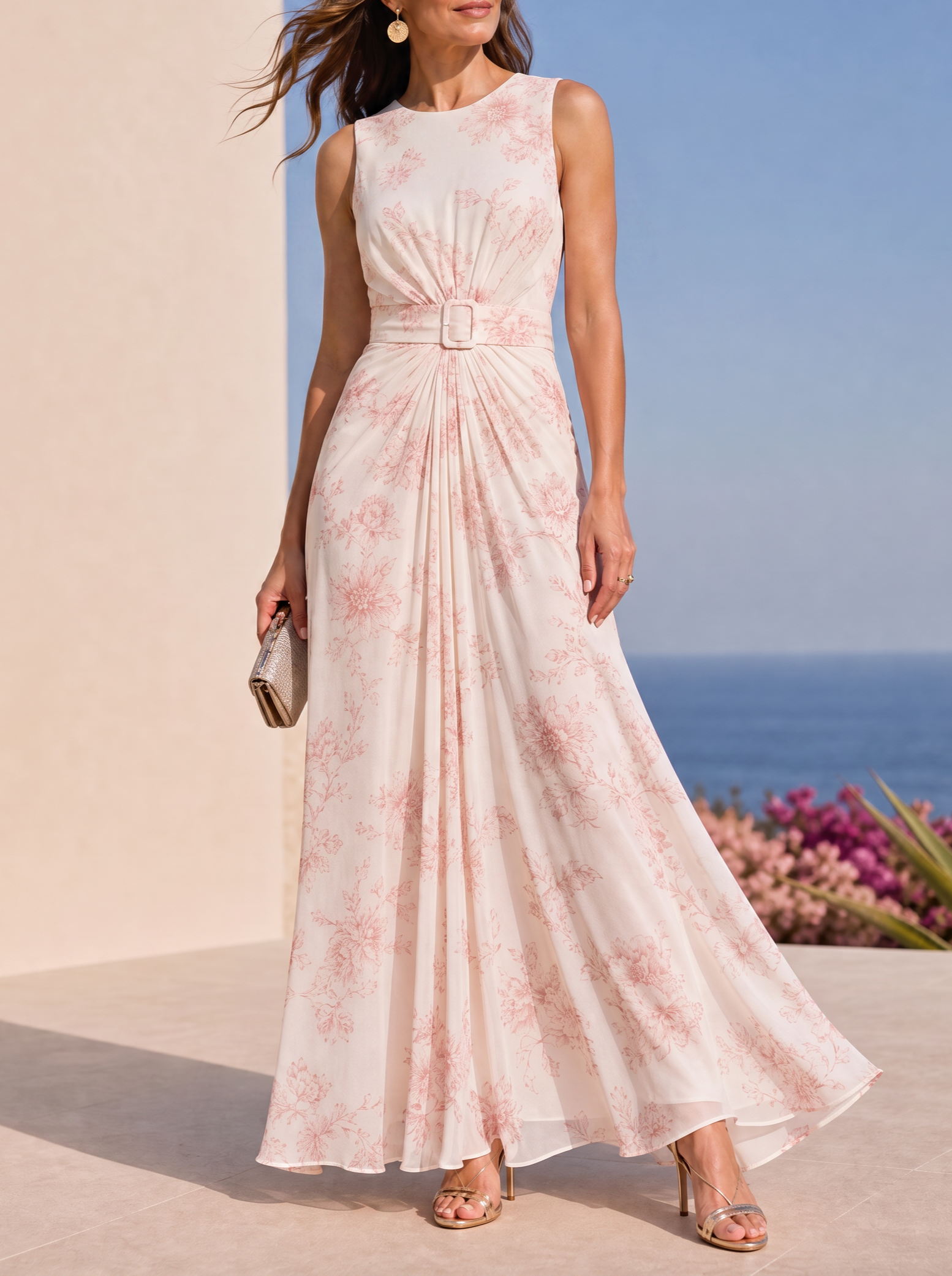 Blush Floral Print Sleeveless Belted Chiffon Maxi Wedding Guest Dress