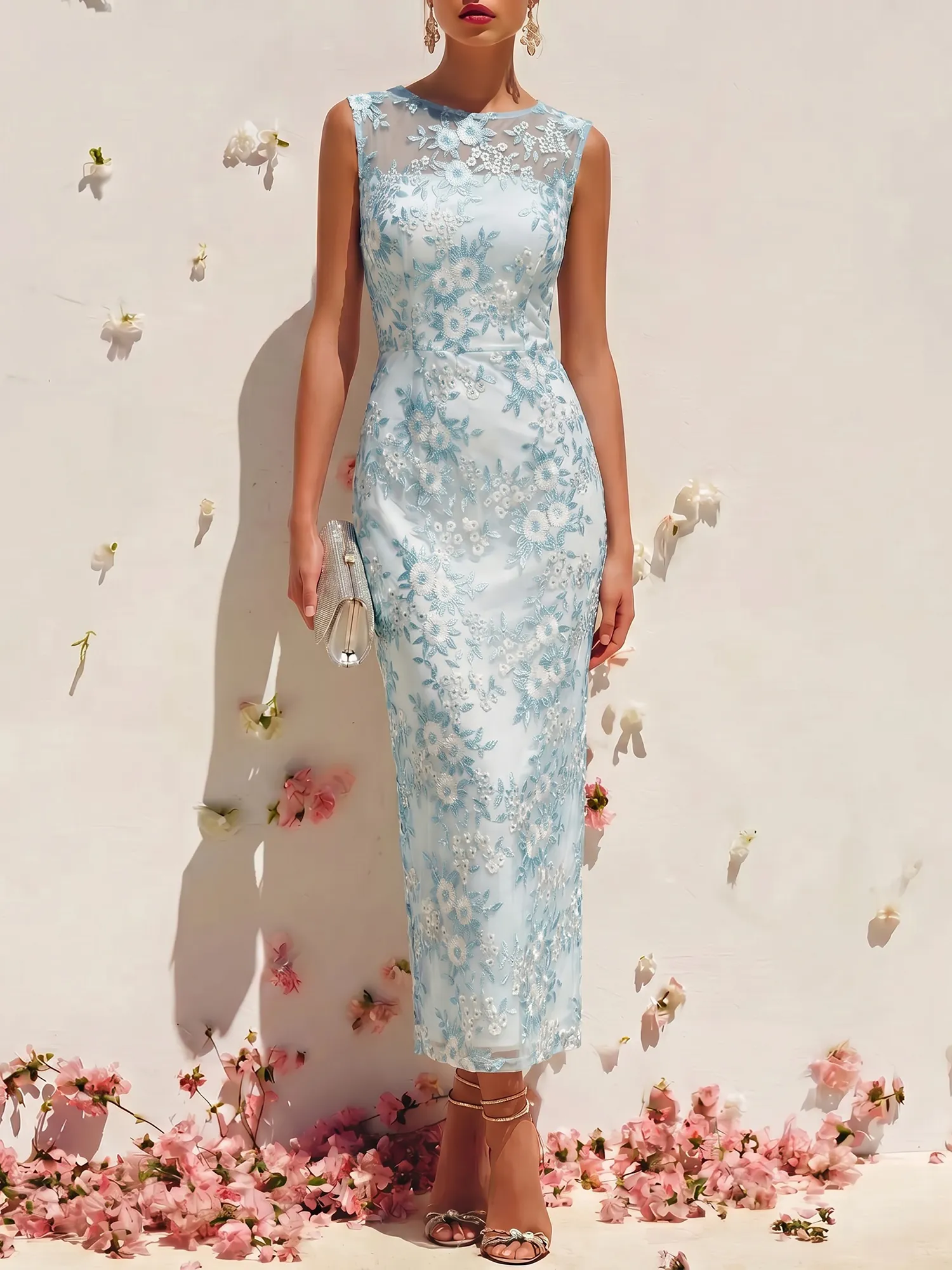 Bateau Neck Floral Lace Sheath Evening Dress with Illusion Yoke