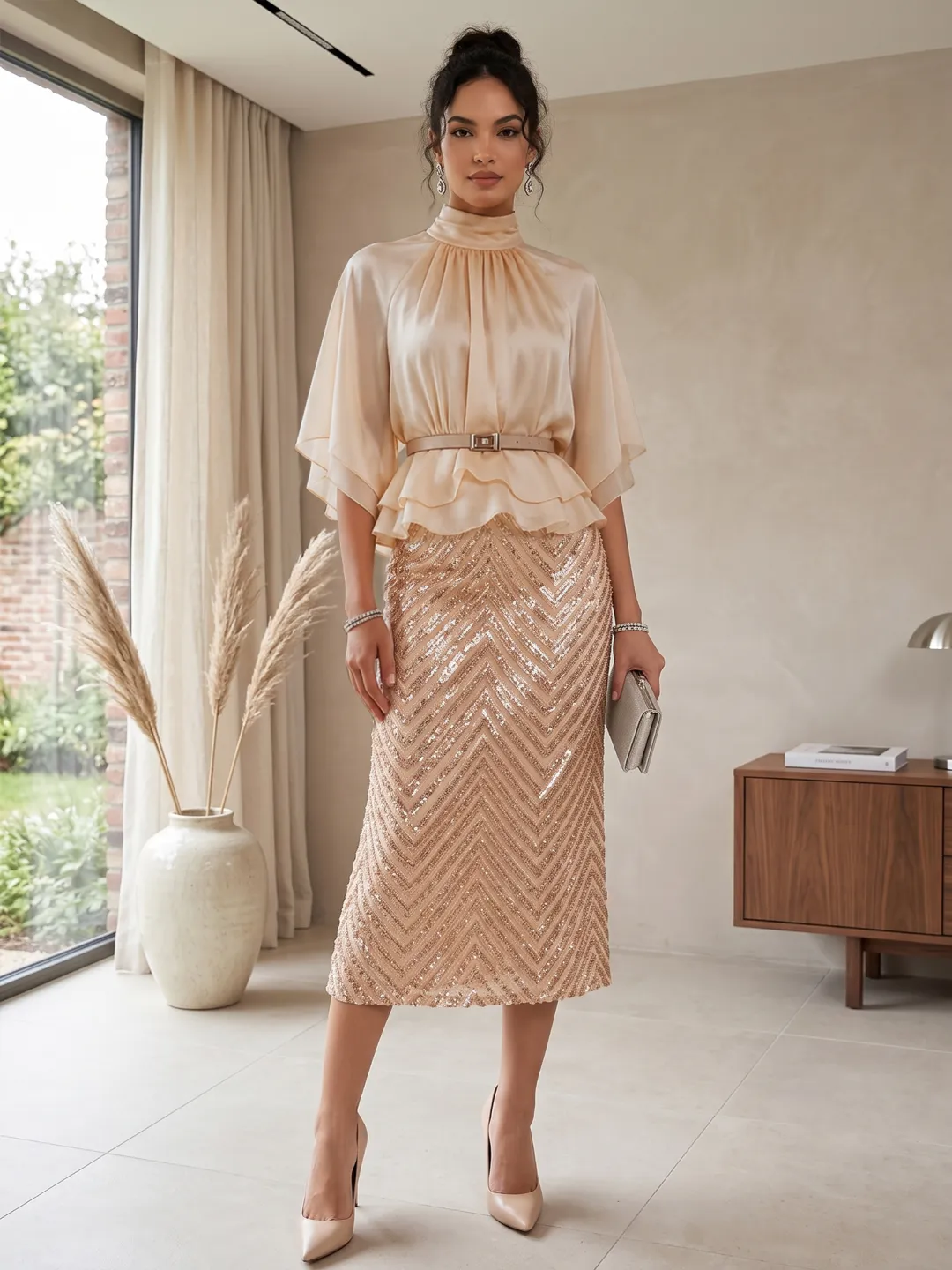 Women Apricot Ruffled Glitter Mock Neck Half Sleeve Bell Sleeve Elegant Top With Skirt Two-Piece Set