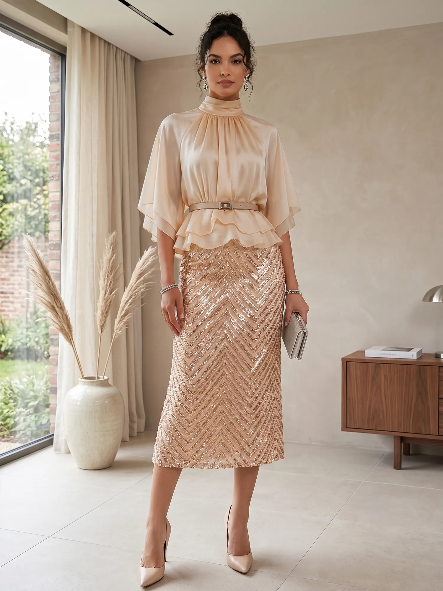 High Neck Satin Peplum Gown with Sequin Chevron Skirt and Belt Mother of The Bride Dresses