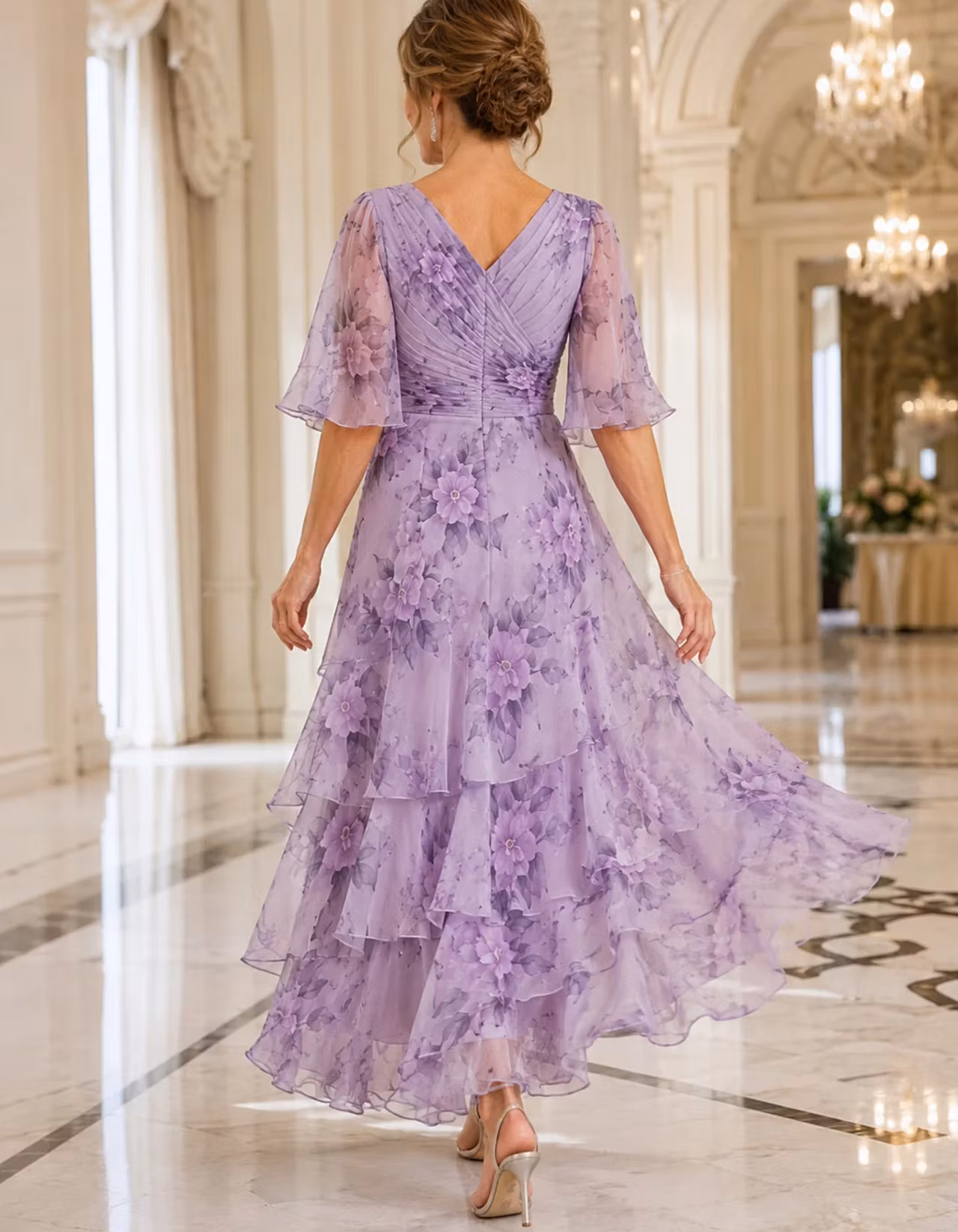 Lavender Floral V Neck Chiffon Tiered Ruffle Maxi Dress