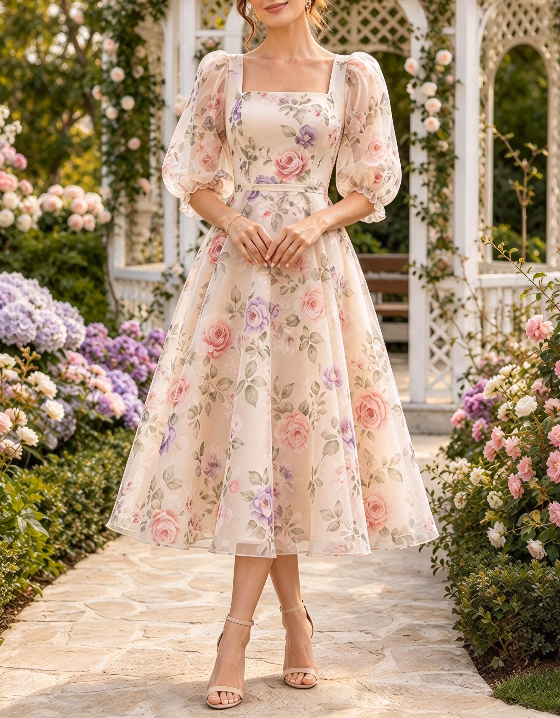 Square Neck Puff Sleeve Chiffon Floral Print A Line Midi Dress