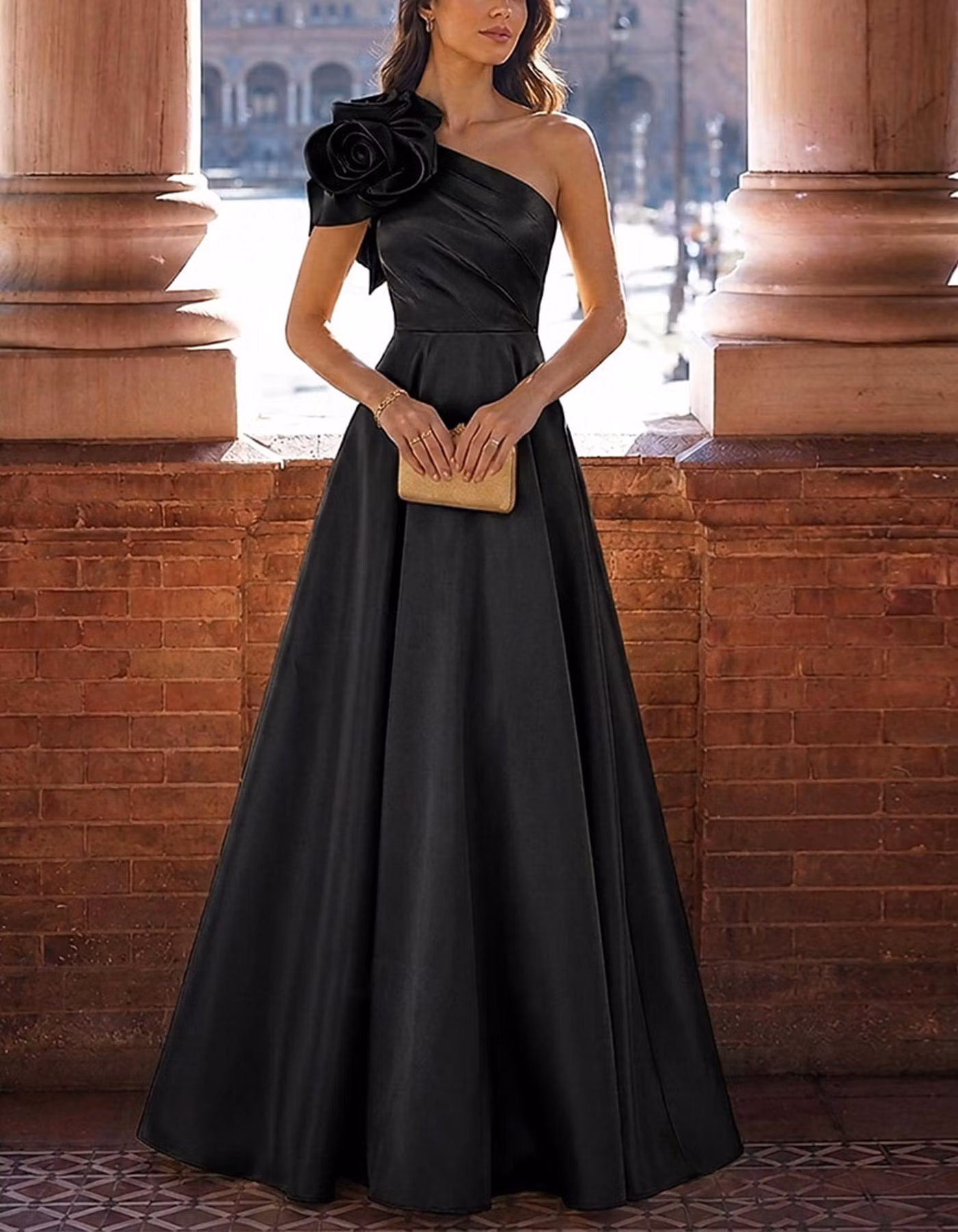 Solid Color Satin One Shoulder Design With 3D Floral Maxi Dress