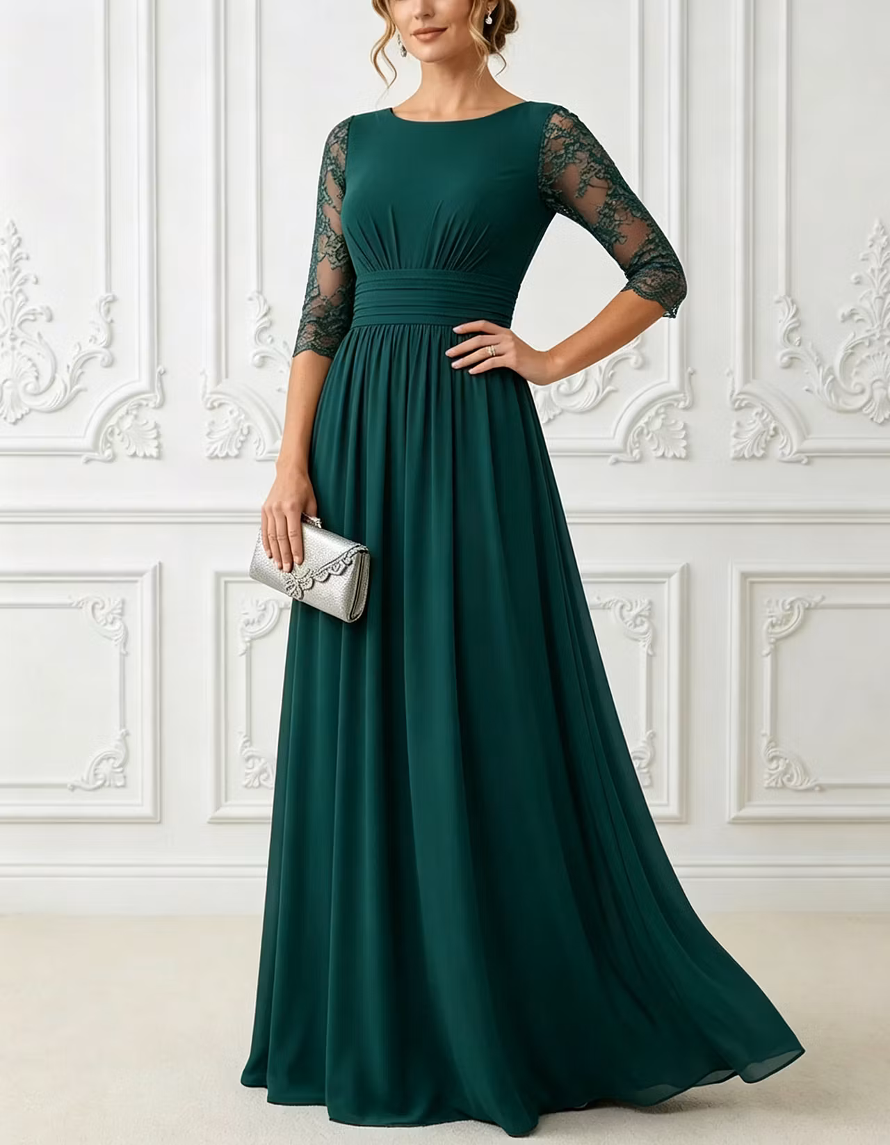 Chiffon Round Neck Sheer Lace 3/4 Sleeve Maxi Dress