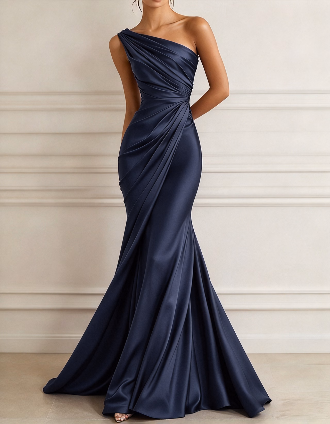One-shoulder Stretch Satin Pleats Maxi Dress