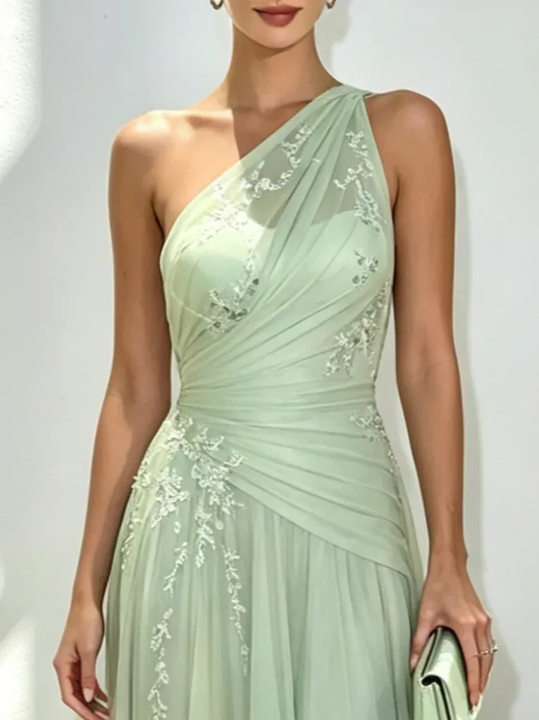 Lightgreen Applique 3D Floral Chiffon One Shoulder Sleeveless A-Line Floor Length Dress