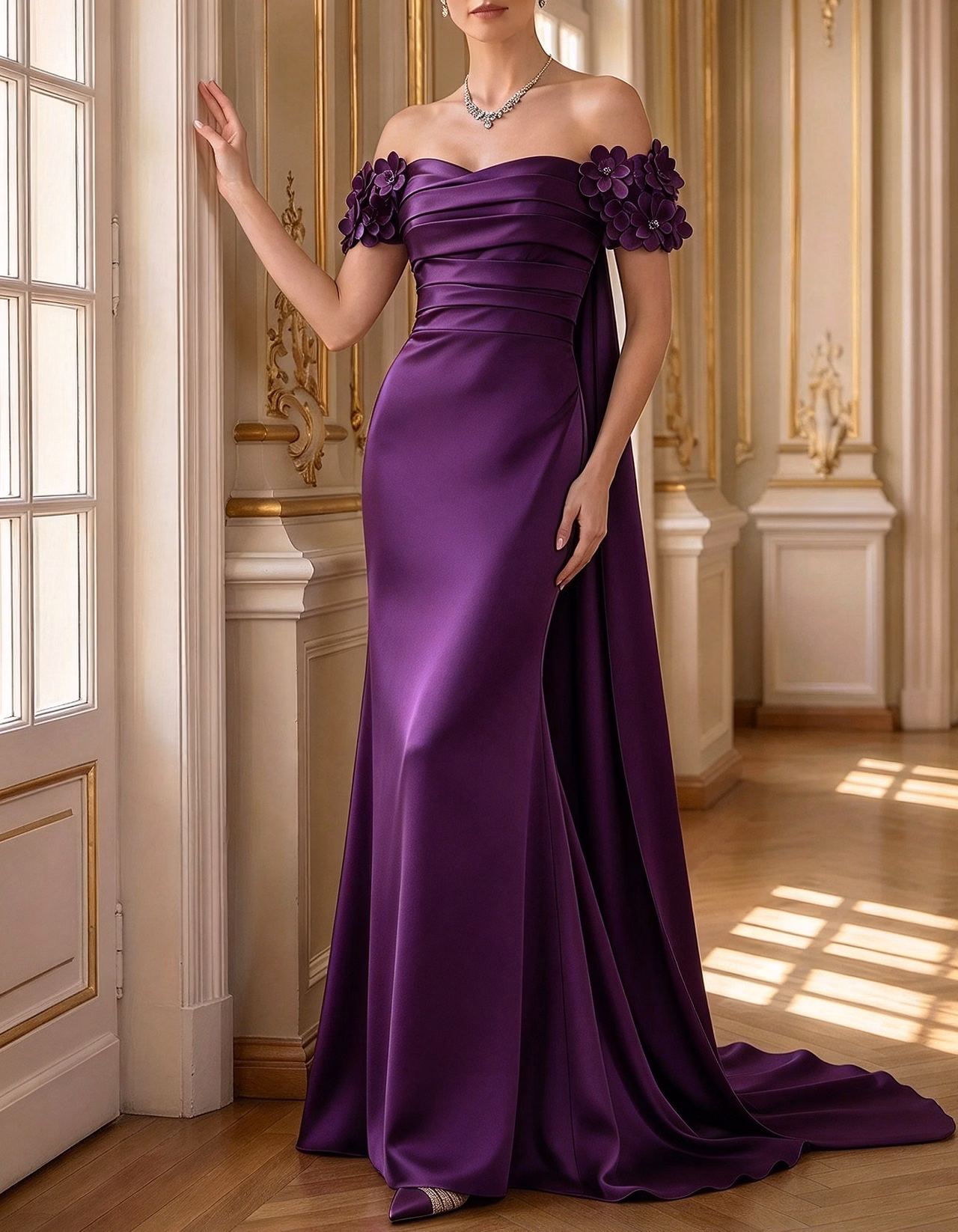 Off-the-Shoulder Satin 3D Floral Cape Train A-Line Maxi Dress